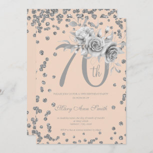 Silver Floral & Confetti 70th Birthday Blush Kaart