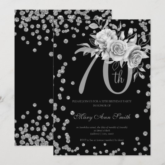 Silver Floral & Confetti 70th Birthday Party Black Kaart (Voorkant / Achterkant)