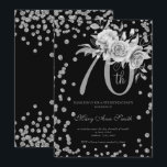 Silver Floral & Confetti 70th Birthday Party Black Kaart<br><div class="desc">Elegant 70th Birthday Party Silver Floral & Glitter Confetti nodigde sjabloon uit. Met een moderne bloemstructuur.</div>