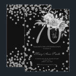 Silver Floral & Confetti 70th Birthday Party Black Kaart<br><div class="desc">Elegant 70th Birthday Party Silver Floral & Glitter Confetti nodigde sjabloon uit. Met een moderne bloemstructuur.</div>