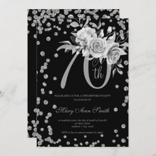 Silver Floral & Confetti 70th Birthday Party Black Kaart