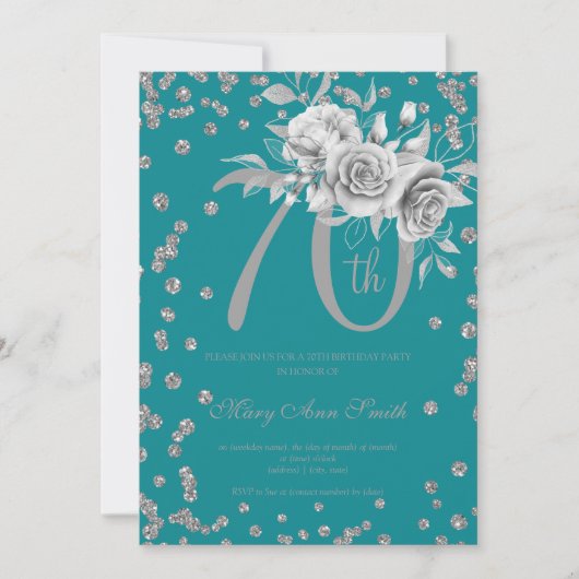 Silver Floral & Confetti 70th Birthday Party Blauw Kaart (Voorkant)