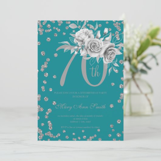 Silver Floral & Confetti 70th Birthday Party Blauw Kaart (Staand voorkant)