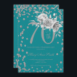 Silver Floral & Confetti 70th Birthday Party Blauw Kaart<br><div class="desc">Elegant 70th Birthday Party Silver Floral & Glitter Confetti nodigde sjabloon uit. Met een moderne bloemstructuur.</div>
