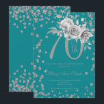 Silver Floral & Confetti 70th Birthday Party Blauw Kaart<br><div class="desc">Elegant 70th Birthday Party Silver Floral & Glitter Confetti nodigde sjabloon uit. Met een moderne bloemstructuur.</div>