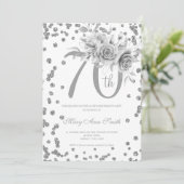 Silver Floral & Confetti 70th Birthday Party Kaart (Staand voorkant)