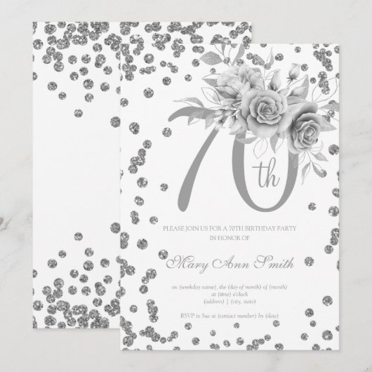 Silver Floral & Confetti 70th Birthday Party Kaart (Voorkant / Achterkant)