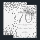Silver Floral & Confetti 70th Birthday Party Kaart<br><div class="desc">Elegant 70th Birthday Party Silver Floral & Glitter Confetti nodigde sjabloon uit. Met een moderne bloemstructuur.</div>