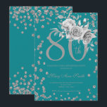 Silver Floral & Confetti 80th Birthday Blauwgroen Kaart<br><div class="desc">Elegant 80th Birthday Party Silver Floral & Glitter Confetti nodigde sjabloon uit. Met een moderne bloemstructuur.</div>