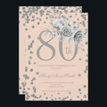 Silver Floral & Confetti 80th Birthday Blush Kaart<br><div class="desc">Elegant 80th Birthday Party Silver Floral & Glitter Confetti nodigde sjabloon uit. Met een moderne bloemstructuur.</div>