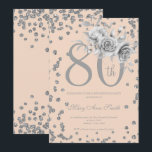Silver Floral & Confetti 80th Birthday Blush Kaart<br><div class="desc">Elegant 80th Birthday Party Silver Floral & Glitter Confetti nodigde sjabloon uit. Met een moderne bloemstructuur.</div>