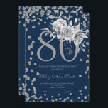 Silver Floral & Confetti 80th Birthday Navy Kaart<br><div class="desc">Elegant 80th Birthday Party Silver Floral & Glitter Confetti nodigde sjabloon uit. Met een moderne bloemstructuur.</div>