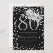 Silver Floral & Confetti 80th Birthday Party Black Kaart (Voorkant)