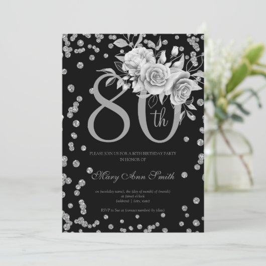 Silver Floral & Confetti 80th Birthday Party Black Kaart (Staand voorkant)