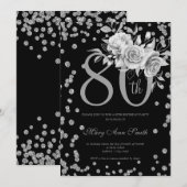 Silver Floral & Confetti 80th Birthday Party Black Kaart (Voorkant / Achterkant)