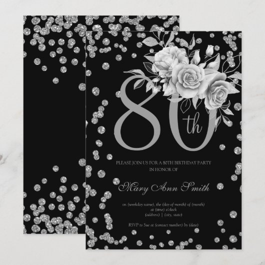 Silver Floral & Confetti 80th Birthday Party Black Kaart (Voorkant / Achterkant)