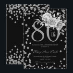 Silver Floral & Confetti 80th Birthday Party Black Kaart<br><div class="desc">Elegant 80th Birthday Party Silver Floral & Glitter Confetti nodigde sjabloon uit. Met een moderne bloemstructuur.</div>
