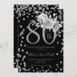 Silver Floral & Confetti 80th Birthday Party Black Kaart<br><div class="desc">Elegant 80th Birthday Party Silver Floral & Glitter Confetti nodigde sjabloon uit. Met een moderne bloemstructuur.</div>