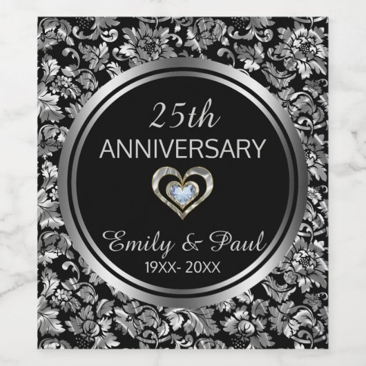 Silver Floral Damask- 25e Jubileum Wijn Etiket (Enkel label)