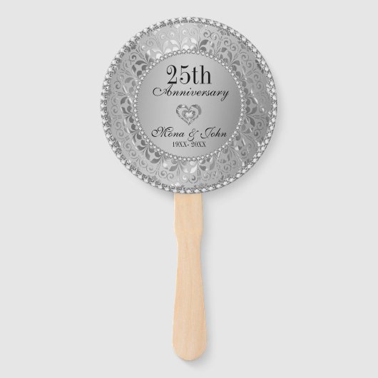 Silver Floral Damask Jubileum Hand Fan Handwaaier (Voorkant)