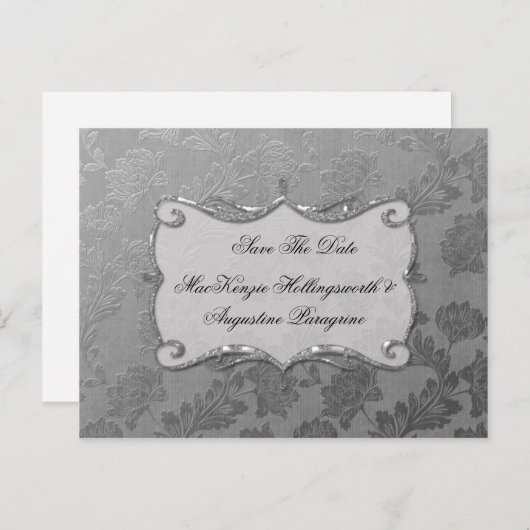 Silver Floral Damask Save the Date Aankondigingskaart (Voorkant / Achterkant)