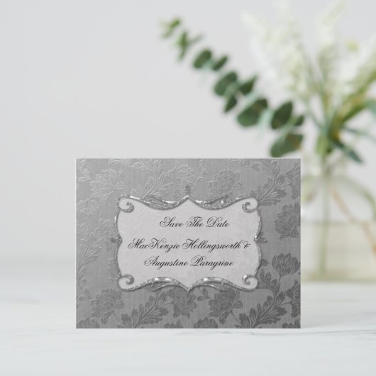 Silver Floral Damask Save the Date Aankondigingskaart (Staand voorkant)