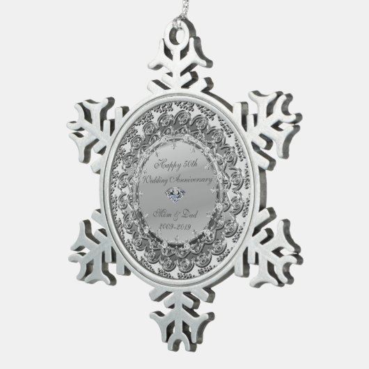 Silver Floral Diamond 50th Wedding Jubileum Tin Sneeuwvlok Ornament (Rechts)