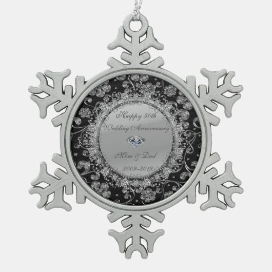 Silver Floral Diamonds 50th Wedding Jubileum Tin Sneeuwvlok Ornament (Voorkant)