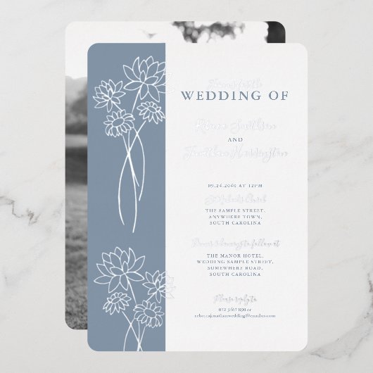Silver Floral Dusty Blue Wedding Folie Invitation Folie Uitnodiging (Voorkant / Achterkant)