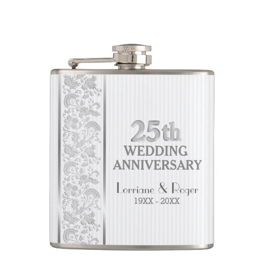 Silver Floral Elegance 25th Wedding Jubileum Heupfles (Voorkant)