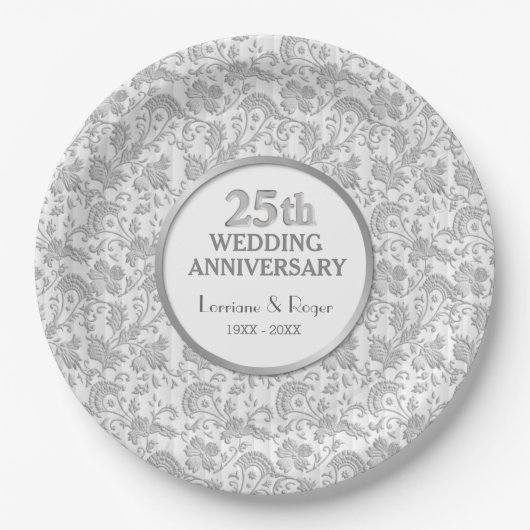 Silver Floral Elegance 25th Wedding Jubileum Papieren Bordje (Voorkant)