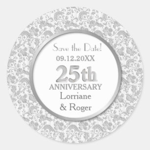 Silver Floral Elegance 25th Wedding Jubileum Ronde Sticker