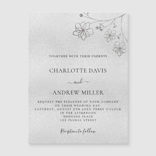 Silver floral elegant bruiloft nodigmagnet (Voorkant)