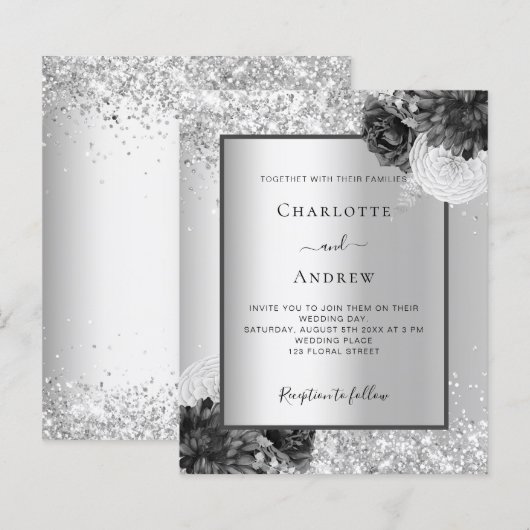 Silver floral elegant bruiloft-uitnodiging (Voorkant / Achterkant)