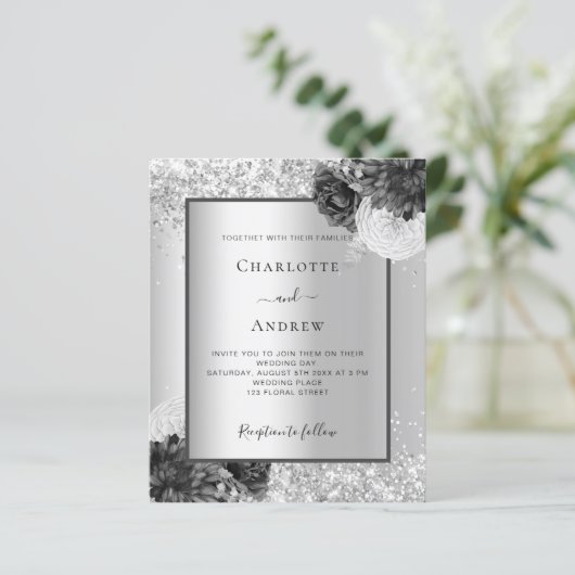 Silver floral elegant bruiloft-uitnodiging (Staand voorkant)