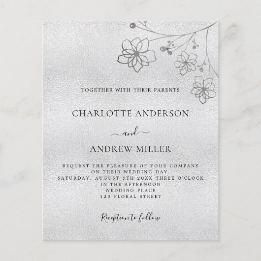 Silver floral elegant budget bruiloft-uitnodiging flyer (Voorkant)