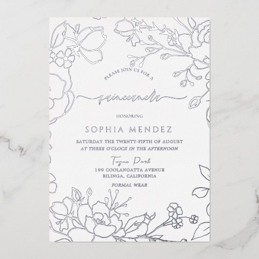 Silver Floral Elegant Quinceanera Party Silver Folie Uitnodiging (Voorkant)