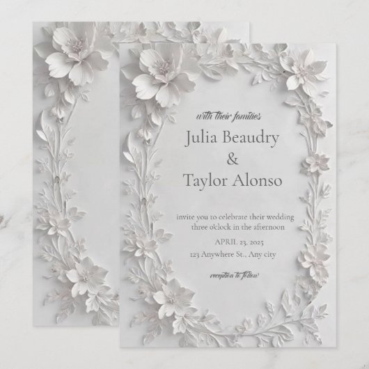 Silver Floral Embossed Wedding Invitation Kaart (Voorkant / Achterkant)