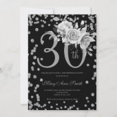 Silver Floral en Confetti 30th Birthday Party Blac Kaart (Voorkant)