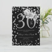 Silver Floral en Confetti 30th Birthday Party Blac Kaart (Staand voorkant)
