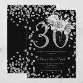 Silver Floral en Confetti 30th Birthday Party Blac Kaart (Voorkant / Achterkant)