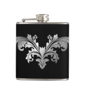 Silver Floral Flourish op Rich Black Classic Flask Heupfles (Voorkant)