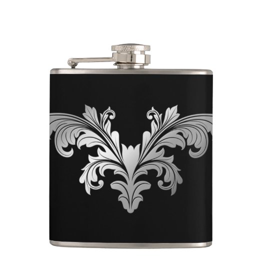Silver Floral Flourish op Rich Black Classic Flask Heupfles (Voorkant)