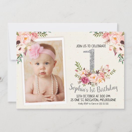 Silver Floral Foto 1st Birthday Party Invitation Kaart (Voorkant)