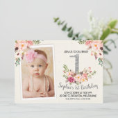 Silver Floral Foto 1st Birthday Party Invitation Kaart (Staand voorkant)