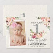 Silver Floral Foto 1st Birthday Party Invitation Kaart (Voorkant / Achterkant)