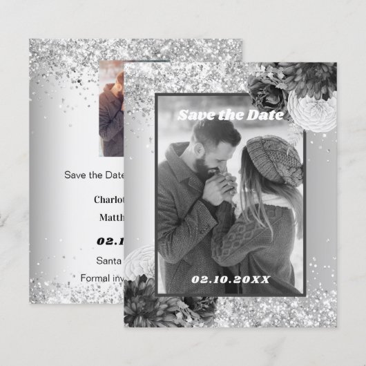 Silver floral foto Save the Date bruiloft (Voorkant / Achterkant)