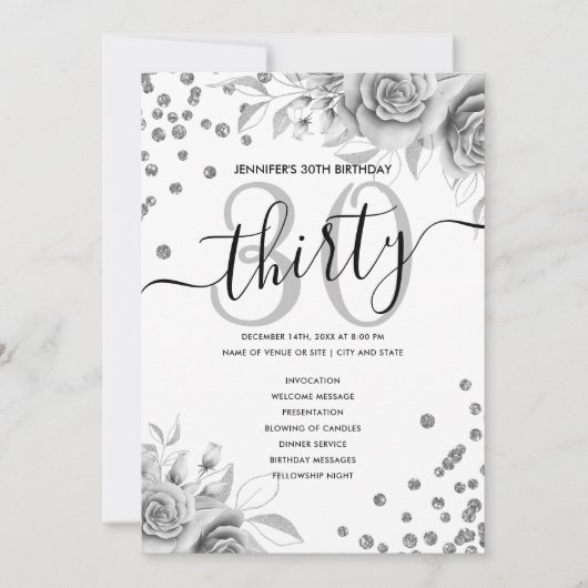 Silver Floral Glitter 30 Verjaardag Menu Programma (Voorkant)