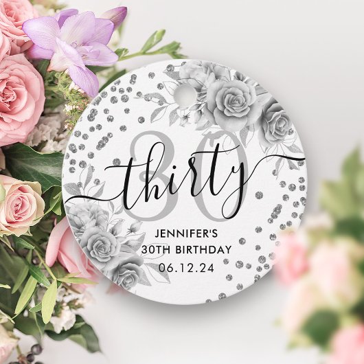 Silver Floral Glitter 30e verjaardag Script Bedankjes Labels