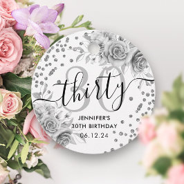Silver Floral Glitter 30e verjaardag Script Bedankjes Labels